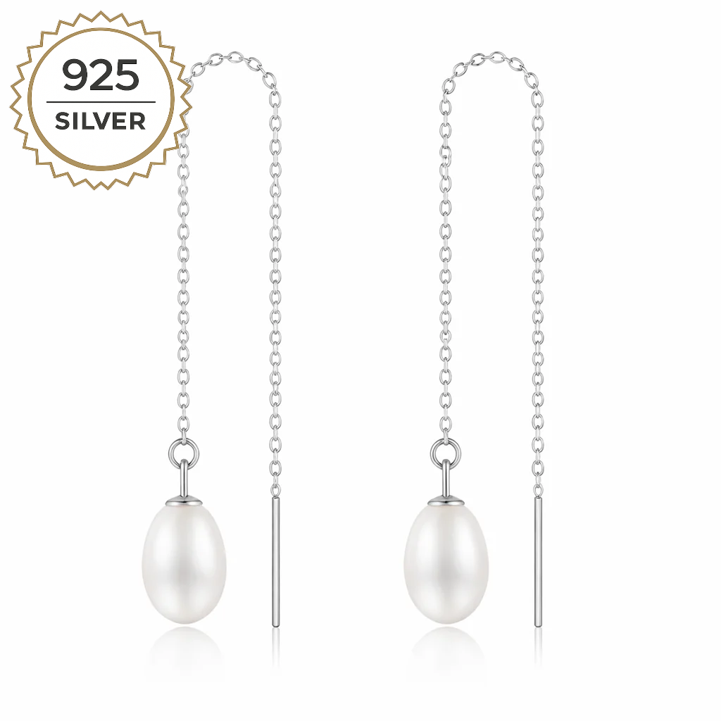 Badged - CLAIRE PEARL THREADER EARRINGS