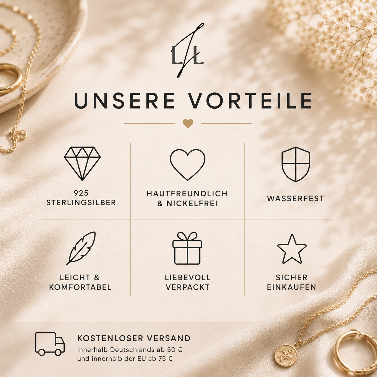 Unsere Vorteile: 925 Sterlingsilber, hautfreundlich und nickelfrei, wasserfest, leicht und komfortabel, liebevoll verpackt, sicher einkaufen